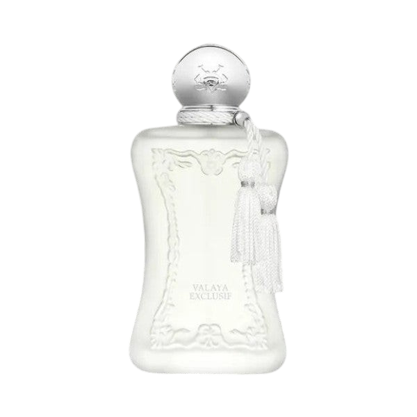 CR Signature Parfums de Marly Valaya Exclusif parfymeflaske i hvit med sølvdetaljer og dekorativ dusk