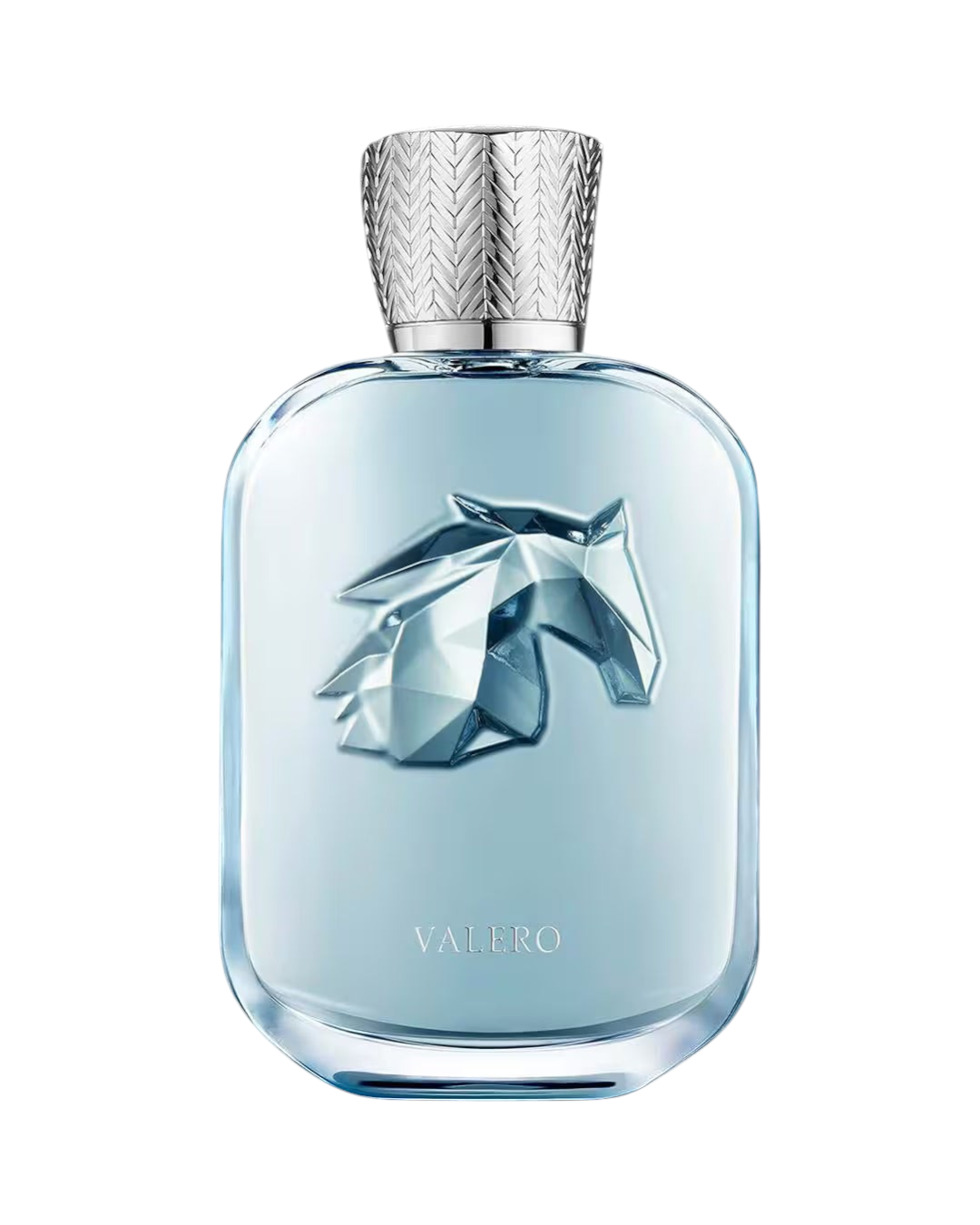 CR Signature Parfums de Marly Valero Extrait de Parfum in a light blue glass bottle with a metallic horse emblem.