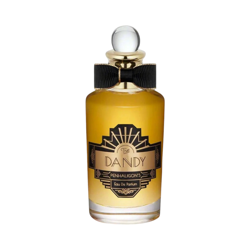 CR Signature Penhaligon's The Dandy Eau de Parfum in a glass bottle with a black bow against a smoky black background.
