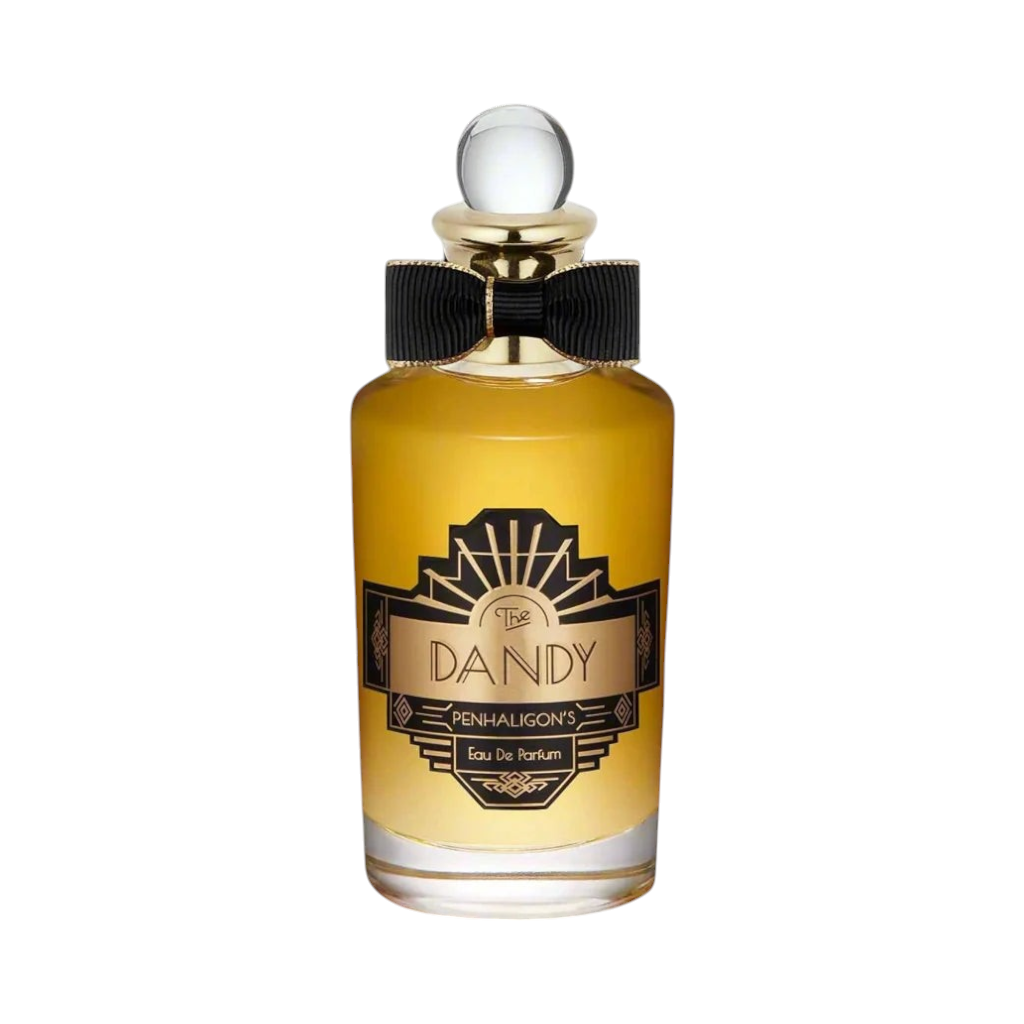 CR Signature Penhaligon's The Dandy Eau de Parfum in a glass bottle with a black bow against a smoky black background.