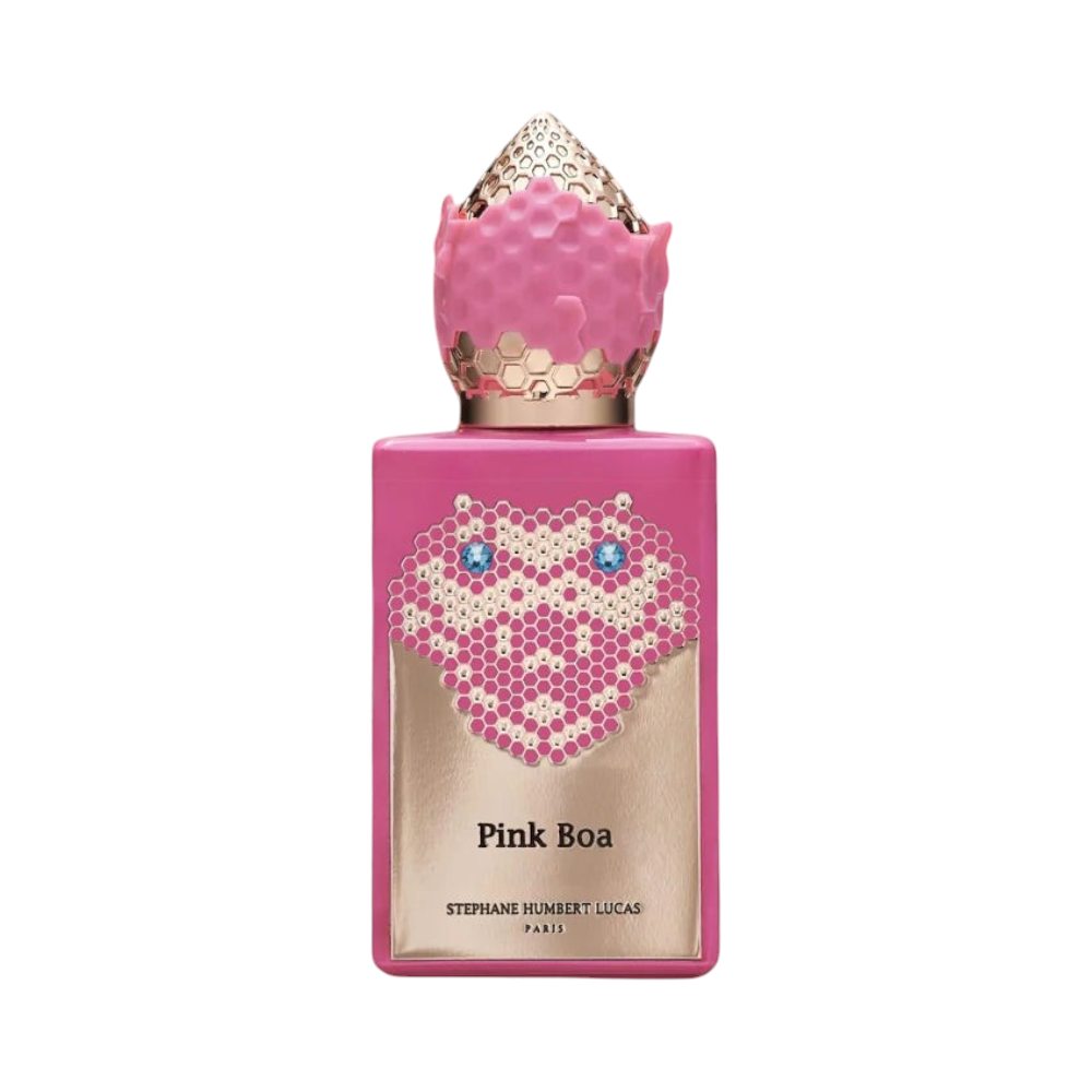CR Signature Stéphane Humbert Lucas Pink Boa perfume bottle with a pink snake-scale cap and gold metallic accents.