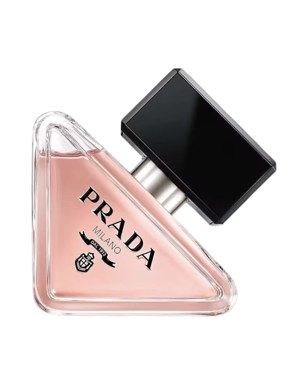 CR Signature Prada Paradoxe Eau de Parfum in a unique triangular glass bottle with a black cap and pale pink liquid.