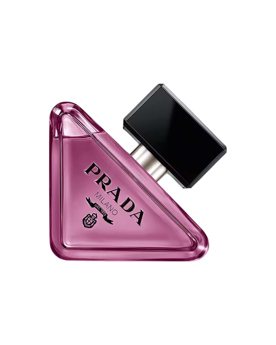 CR Signature Prada Paradoxe Sweet Chemistry Eau de Parfum in a signature triangular pink glass bottle with black cap.