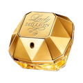 CR Signature Rabanne Lady Million parfymeflaske formet som en gull-diamant mot en mørk bakgrunn med duftspray