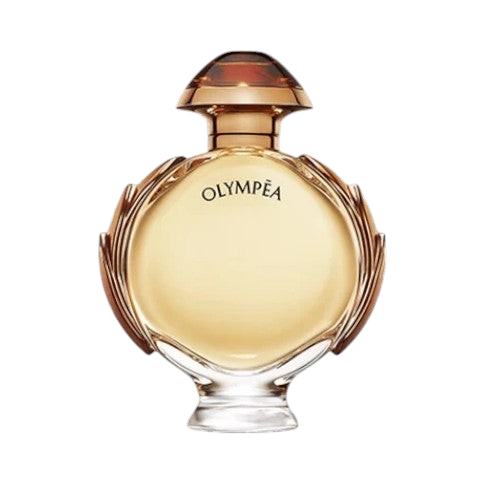 CR Signature Rabanne Olympéa Intense parfymeflaske i gull med ikonisk rund form mot en mørk bakgrunn