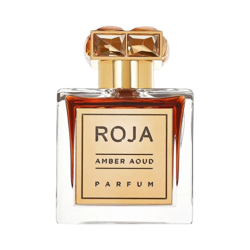 CR Signature Roja Parfums Amber Aoud Parfum in a luxury glass bottle with a gold cap against a black background