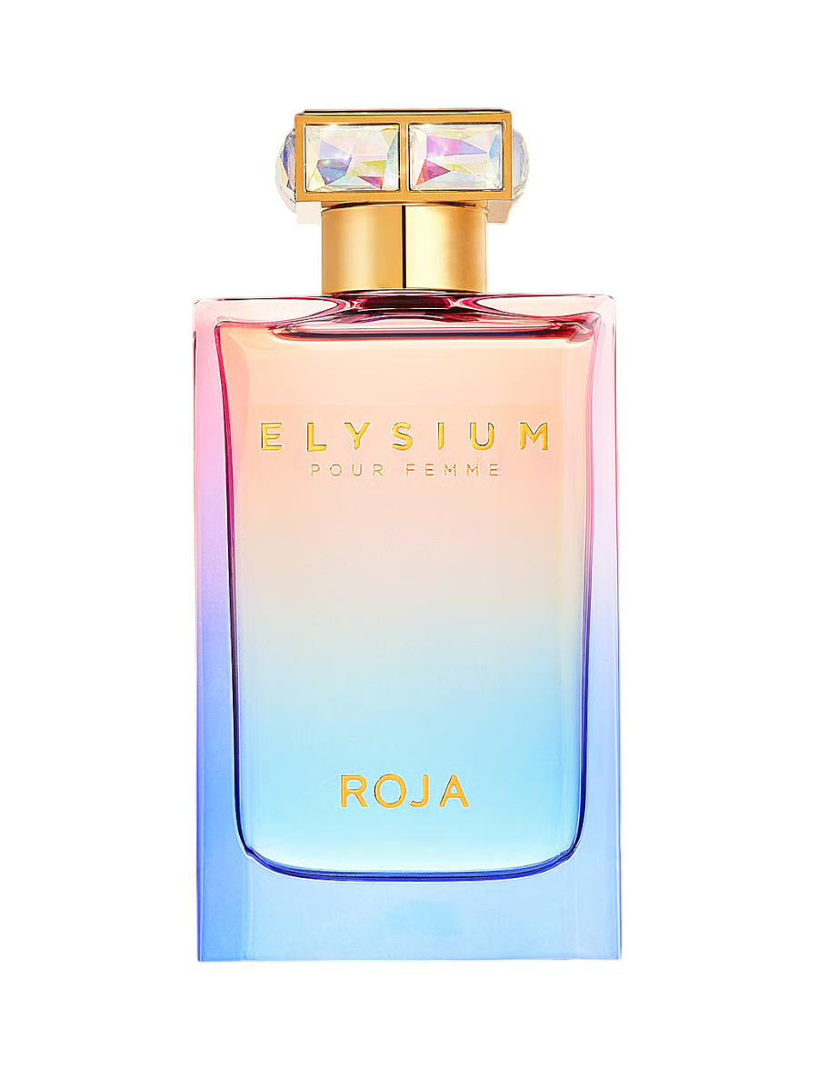 CR Signature Roja Parfums Elysium Pour Femme perfume bottle with a gradient pink and blue glass and gold cap