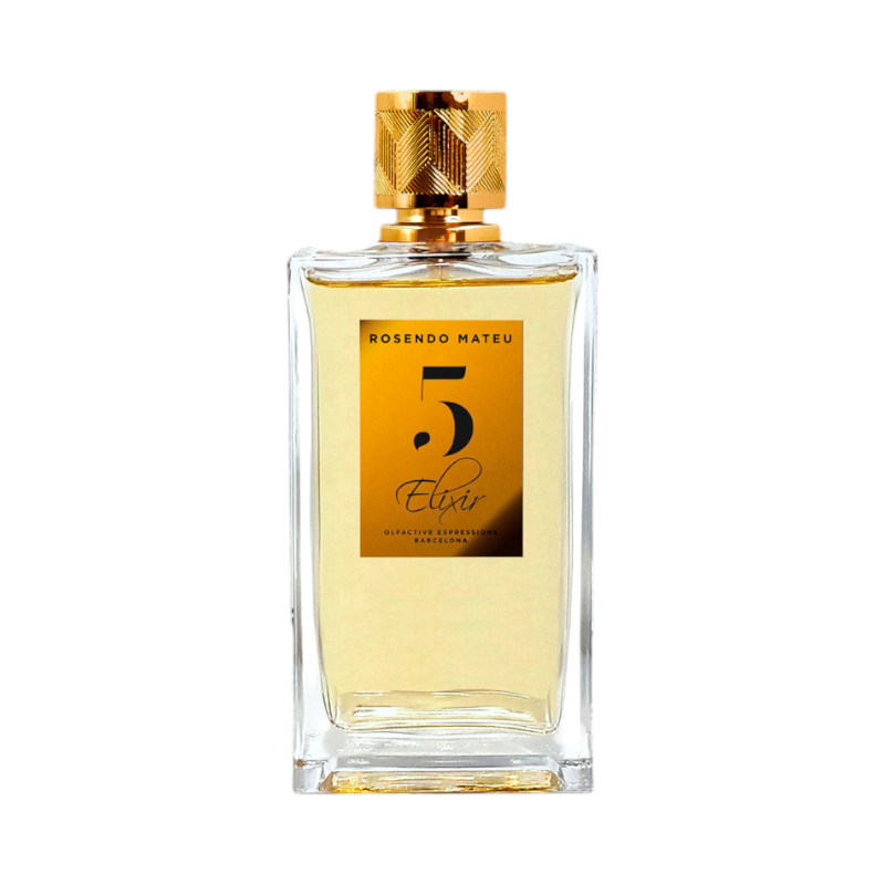 CR Signature Rosendo Mateu No 5 Eau de Parfum in a clear glass bottle with a gold textured cap and amber liquid.