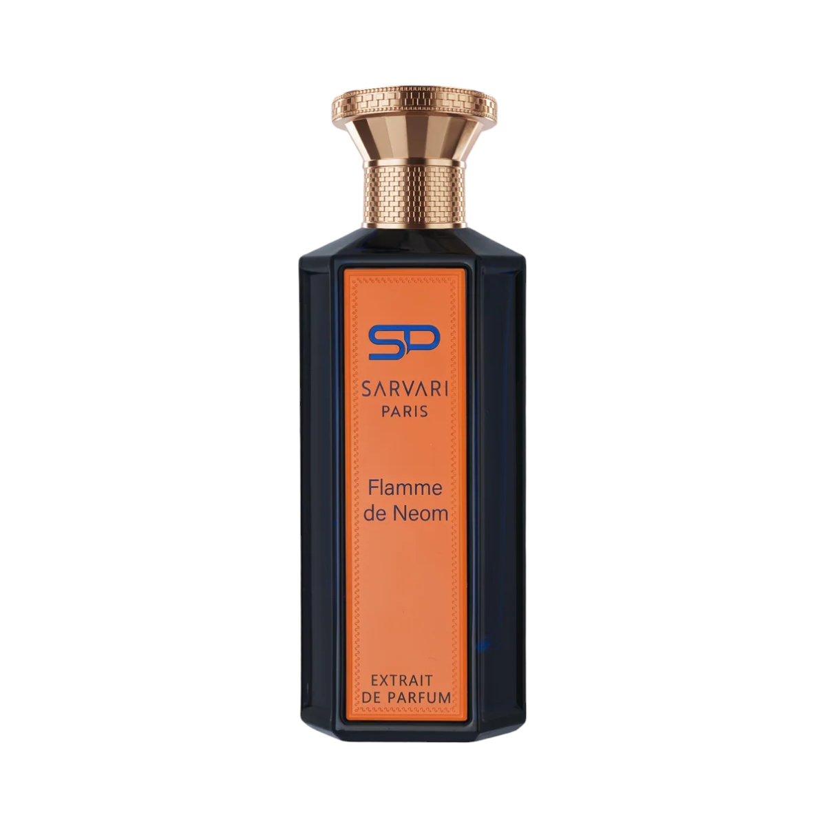 CR Signature Sarvari Paris Flamme de Neom Extrait de Parfum in a dark bottle with an orange label and gold cap.