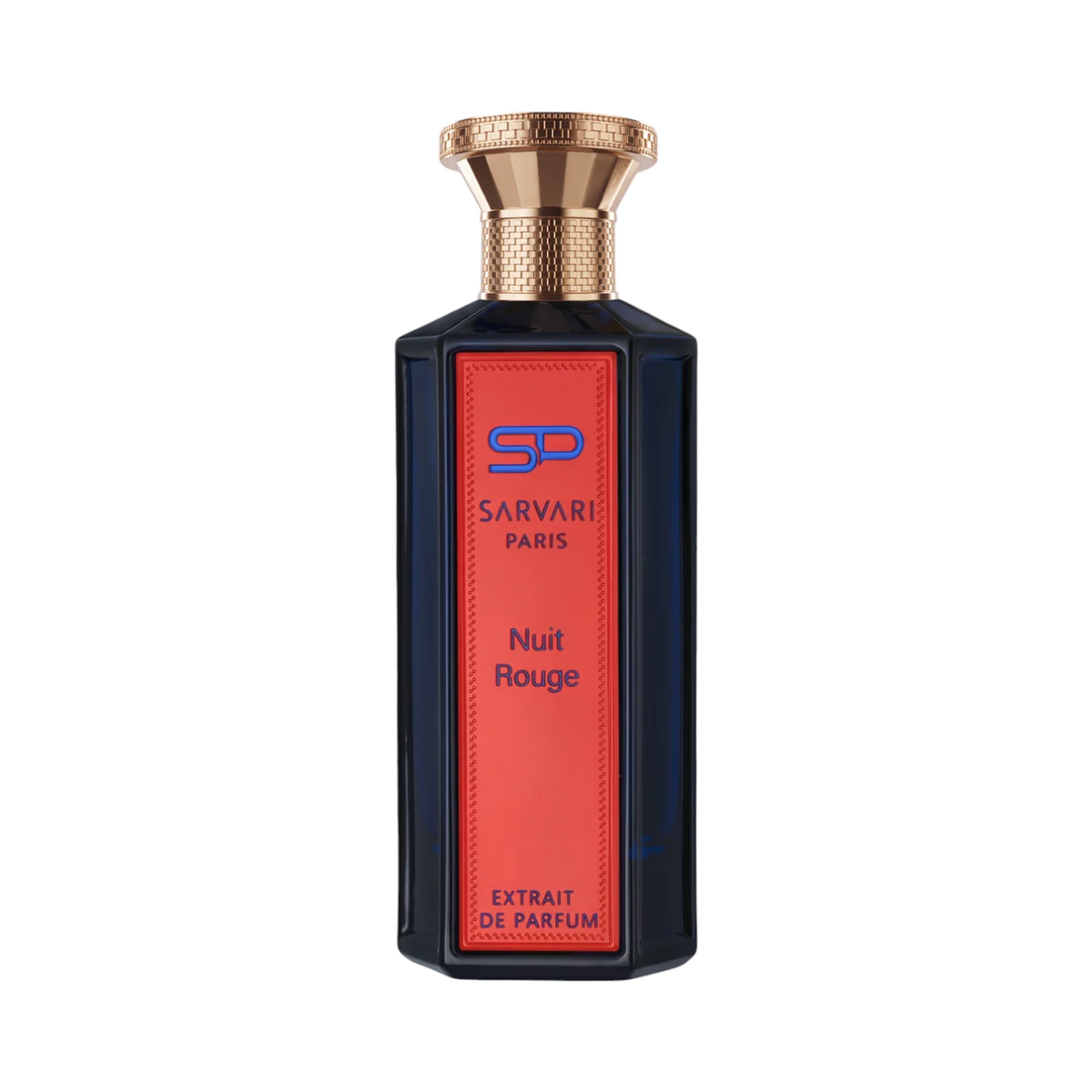 CR Signature Sarvari Paris Nuit Rouge Extrait de Parfum in a dark glass bottle with a red label and gold cap.