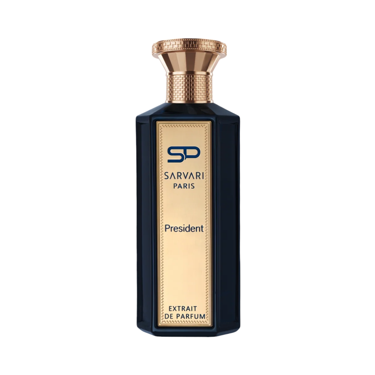 CR Signature Sarvari Paris President Extrait de Parfum in a sleek dark blue bottle with a gold label and cap.