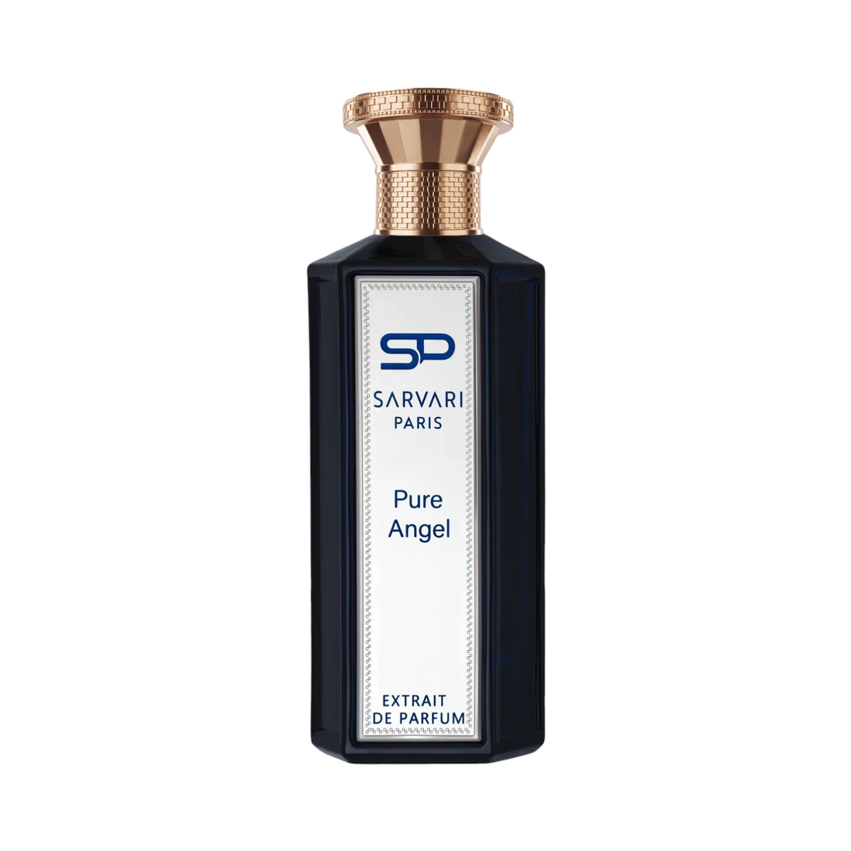 CR Signature Sarvari Paris Pure Angel Extrait de Parfum in a dark glass bottle with a gold cap against smoke