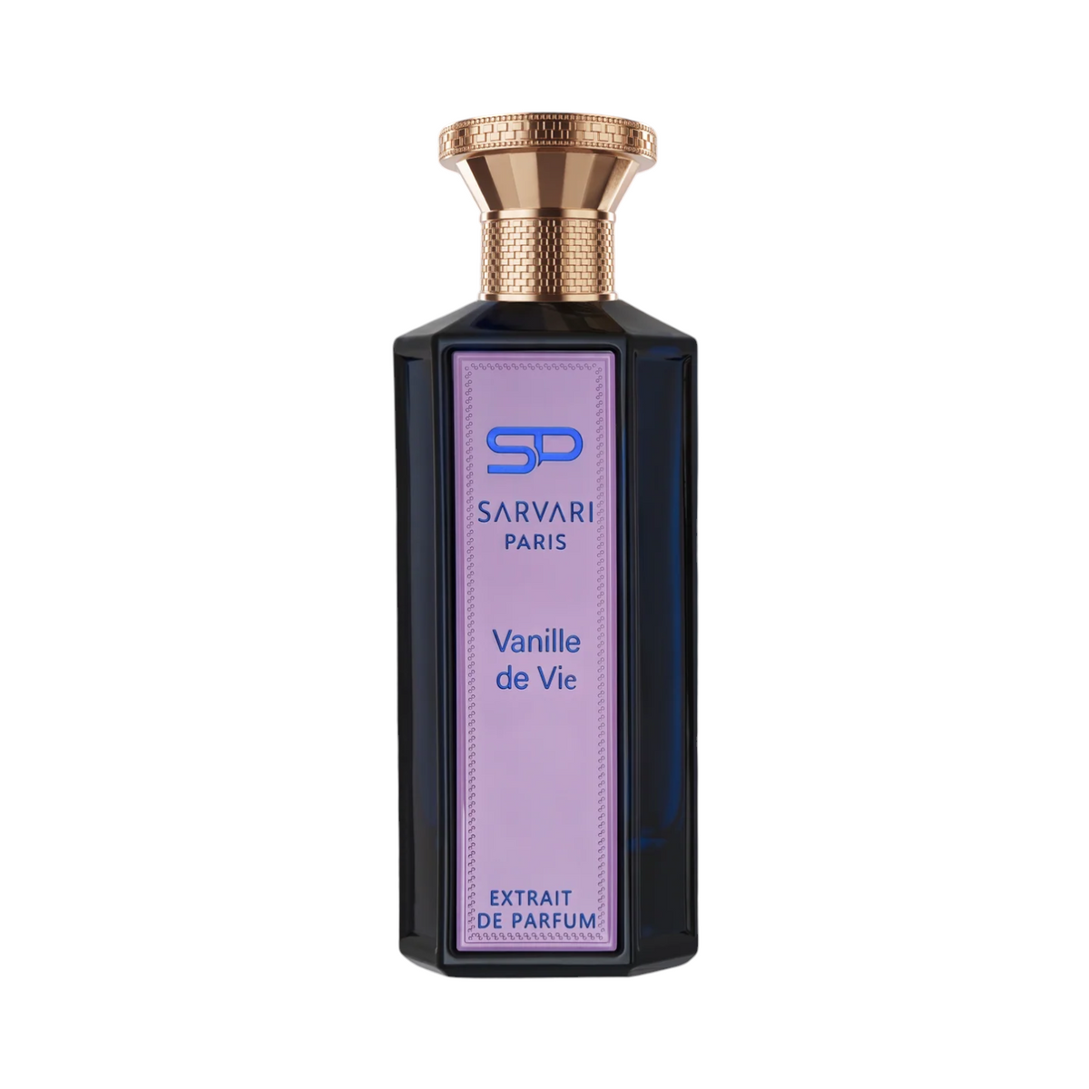 CR Signature Sarvari Paris Vanille De Vie Extrait de Parfum in a dark glass bottle with a gold textured cap.