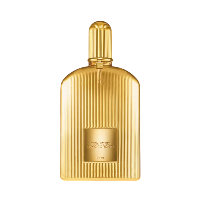 CR Signature Tom Ford Black Orchid Parfum in a luxurious, ribbed gold 100ml bottle against a white background.