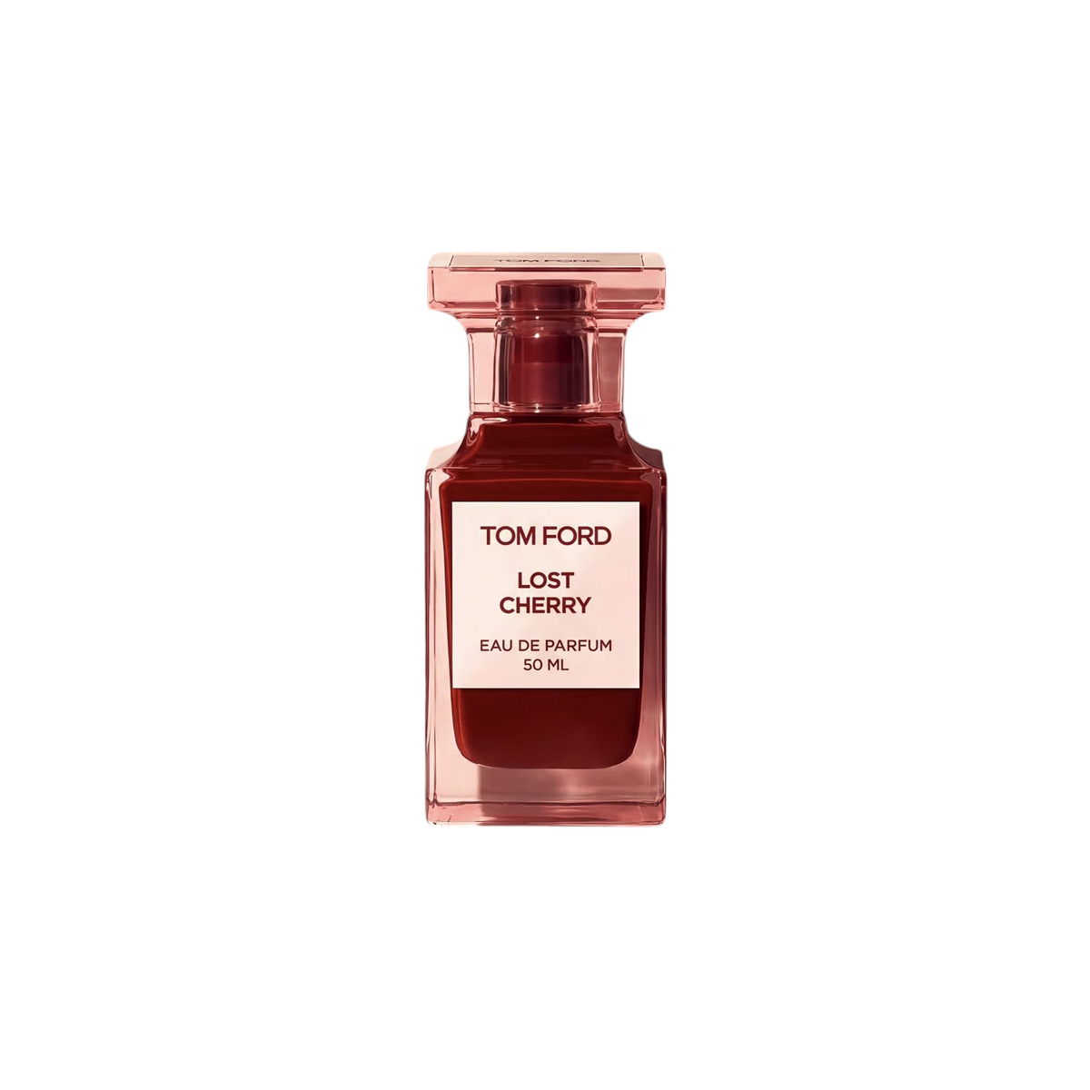 CR Signature Tom Ford Lost Cherry Eau de Parfum 50ml bottle in a deep red glass against a dramatic black smoke effect