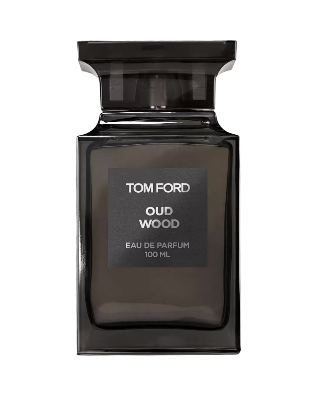CR Signature Tom Ford Oud Wood Eau de Parfum 100ml in a dark glass bottle against a dramatic smoky black background