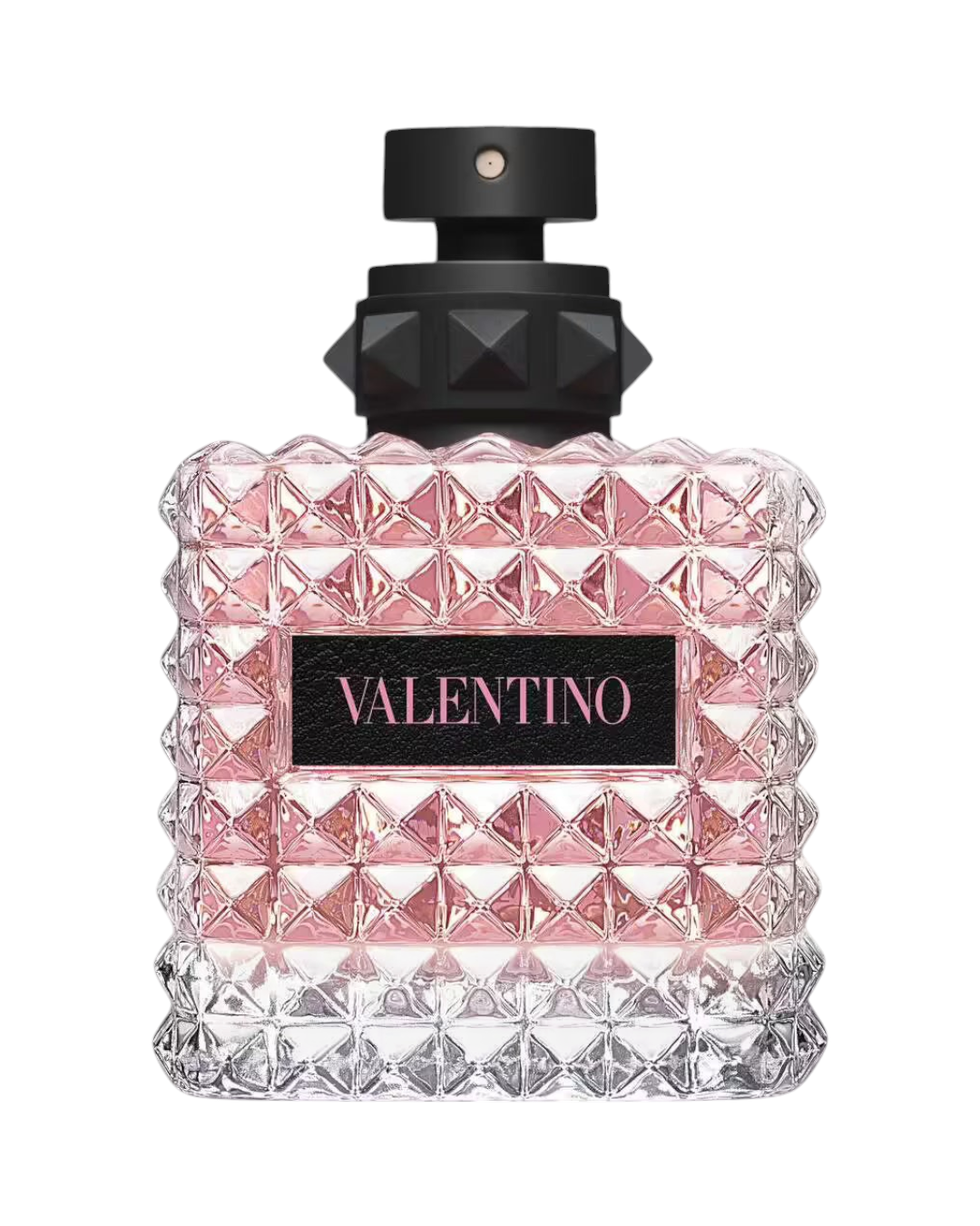 CR Signature Valentino Born in Roma Donna perfume bottle with pink liquid and iconic rockstud glass texture