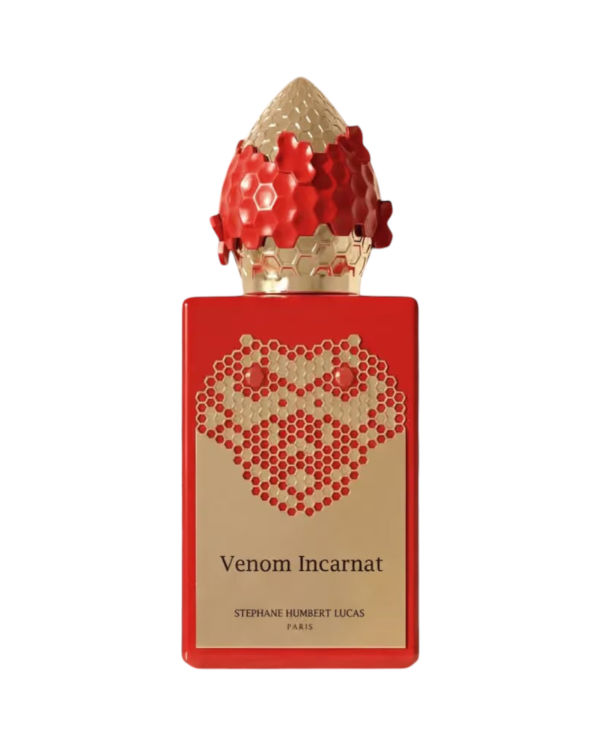 CR Signature Stéphane Humbert Lucas Venom Incarnat perfume bottle with red and gold honeycomb design on black background