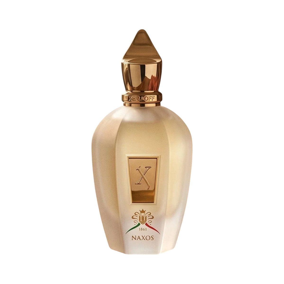 CR Signature Xerjoff 1861 Naxos Eau de Parfum in a frosted glass bottle with a gold cap and Italian flag emblem.