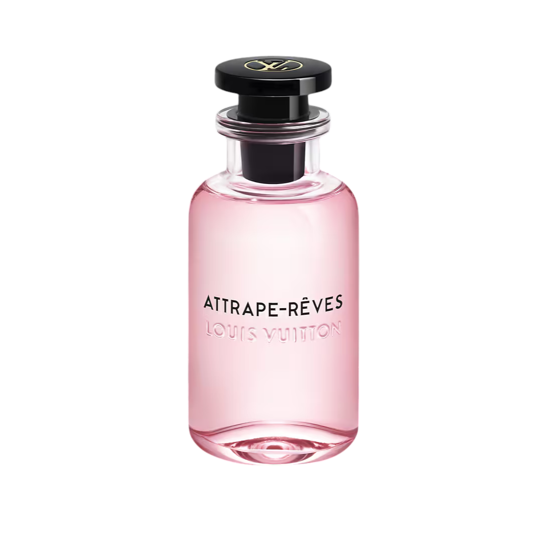 CR Signature Louis Vuitton Attrape-Rêves Eau de Parfum in a clear glass bottle with light pink liquid and black cap.