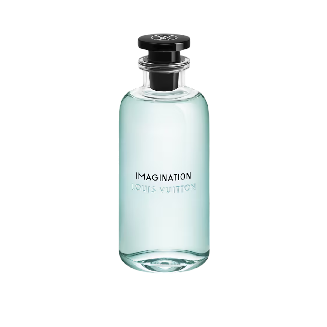 CR Signature Louis Vuitton Imagination Eau de Parfum in a clear glass bottle with a black cap and light blue liquid.