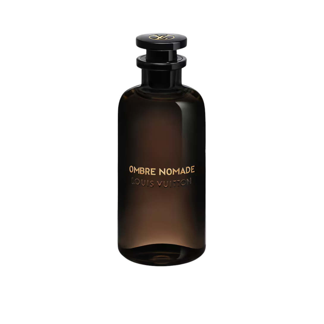 CR Signature Louis Vuitton Ombre Nomade Eau de Parfum in a dark glass bottle with gold lettering and black cap.