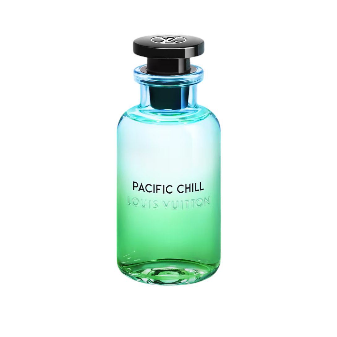 CR Signature Louis Vuitton Pacific Chill perfume bottle with a vibrant blue to green gradient glass design.