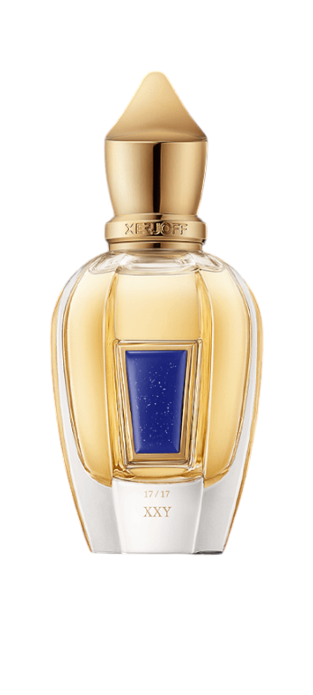 CR Signature Xerjoff XJ 17/17 Xxy perfume bottle with gold cap and blue stone inlay on a white background